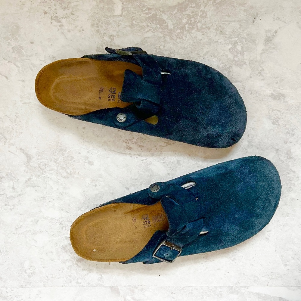 Birkenstock Boston Night Blue Navy Clogs 42 Leather Suede Soft Footbed Mules - Picture 2 of 7